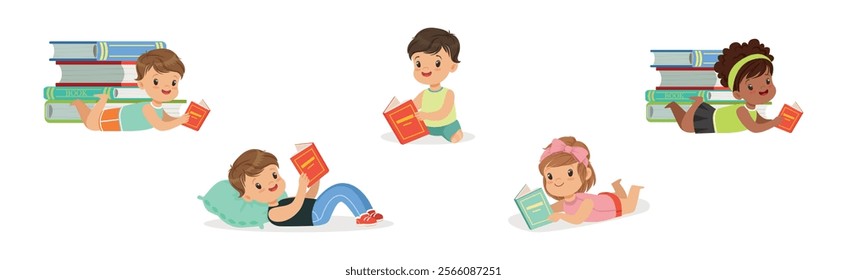 Kids Reading Books and Enjoying Literature Vector Set