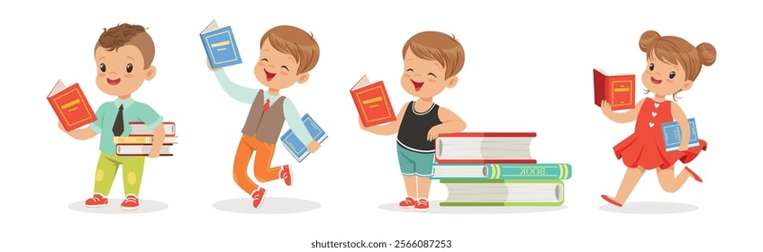 Kids Reading Books and Enjoying Literature Vector Set