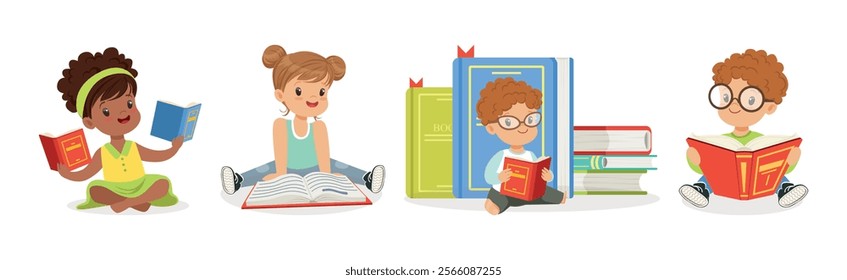 Kids Reading Books and Enjoying Literature Vector Set