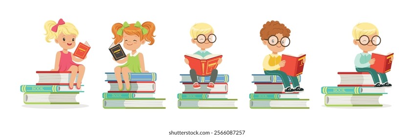 Kids Reading Books and Enjoying Literature Vector Set