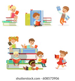 Kids Reading Books And Enjoying Literature Set Of Cute Boys And Girls Loving To Read Sitting And Laying Surrounded With Piles Of Books.