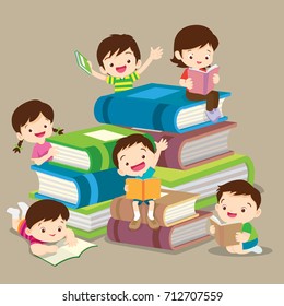 Kids Reading Books And Enjoying Literature Set Of Cute Boys And Girls Loving To Read Sitting And Laying Surrounded With Piles Of Books.