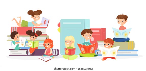 Kids reading books flat vector illustration. Cute children with textbooks cartoon characters. Funny toddlers looking at pictures. Cheerful girls and boys, schoolchildren reading childish stories.