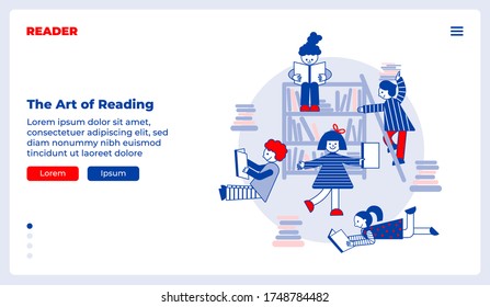 Kids reading books. Flat vector landing page template with illustration of group of cute kids with books and bookshelves on the background.