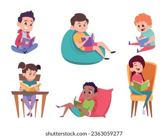 Kids reading books. Happy little people holding walking and sitting with books education in library exact vector cartoon template