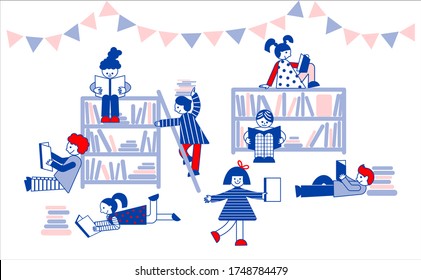 Kids reading books in the library. Flat vector illustration of cute kids with books and bookshelves on the background. Book festival concept.