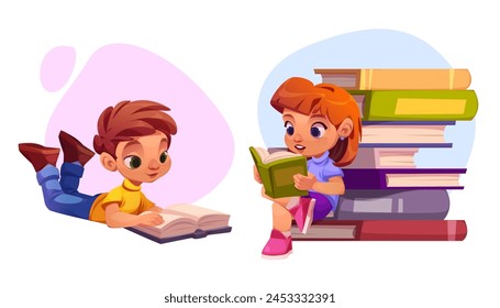 Kids reading books at library or home. Cartoon vector illustration set of cute child boy laying with textbook and girl sitting on big stack of literature. Childish education or read hobby concept.