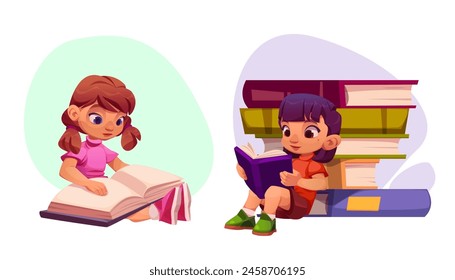 Kids reading books at library or home. Cartoon vector illustration set of cute child girl with textbook and boy sitting near big stack of literature. Childish education or read hobby concept.