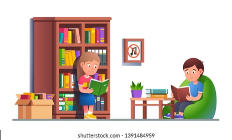 Kids reading books in library. Sitting on bean bag chair and standing leaning to big bookcase holding books. Boy & girl studying in classroom absorbing knowledge. Flat vector character illustration