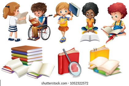 Kids reading books on white background illustration