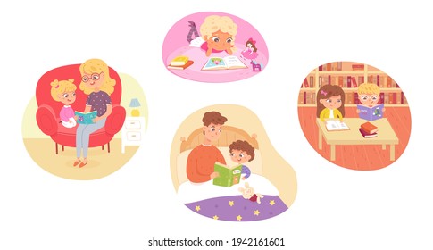 Kids reading books set. Happy clever children learning vector illustration. Father with son in bed, mother with daughter, girl lying at home, boy with friend in school library.