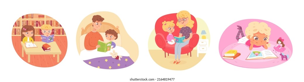 Kids reading books set. Happy clever children learning vector illustration. Father with son in bed, mother with daughter, girl lying at home, boy with friend in school library.