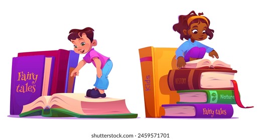 Niños leyendo libros aislados sobre fondo blanco. Vector ilustración de dibujos animados de niño curioso señalando páginas, chica africana inteligente estudiando con libros de texto, educación escolar, Elementos de diseño de Biblioteca