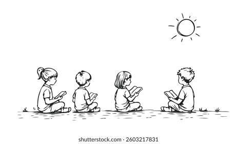 Kids reading books together. Sun shines above grass. Educational material learning concept. Line art monochrome vector illustration.