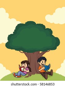 Kids reading books under a tree. All elements on separate layers for easy editing.