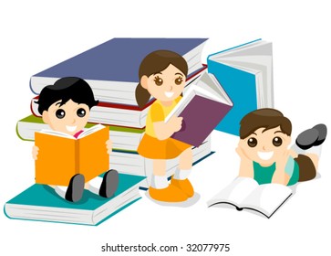 Kids Reading Books - Vector