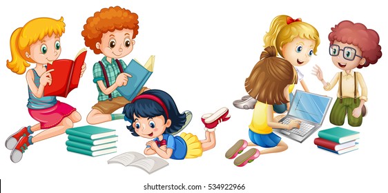 Kids reading books and working on computer illustration