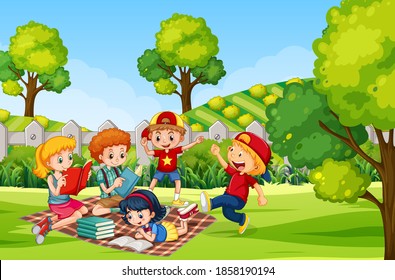 Kids reading books at the yard illustration