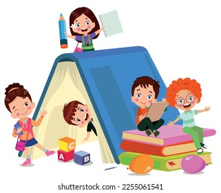 Kids reading, group of friends
