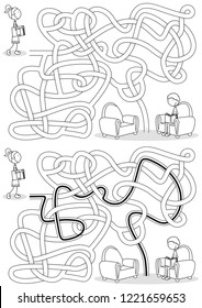 Kids reading maze for kids with a solution in black and white