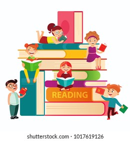 Kids Reading On The Big Stack Of Books Vector Flat Illustration. Small Children Around Books Infographic Elements On White Background. Children At The Library.