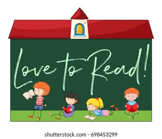 Kids reading with phrase love to read illustration