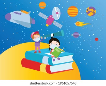 Kids reading in space cartoon 2d vector concept for banner, website, illustration, landing page, flyer, etc.