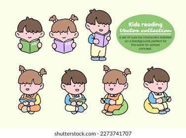 Kids reading vector collection. A set of cute kid characters isolated on a background, perfect for back to school concept.