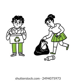 Kids Recycling and Cleaning: Eco-Friendly Illustration for Environmental Awareness. Hand drawn doodle, vector illustration.