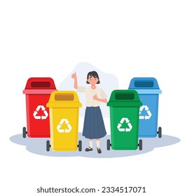 Kids with recycling garbage. girl is giving thumb up while explaining about the color of recycle bin.
