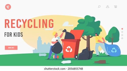 Kids Recycling Garbage Landing Page Template. Children Characters Cleaning Garden Collect Litter In Bag And Litter Bin With Recycle Sign, Park Clean Up, Earth Day. Cartoon People Vector Illustration