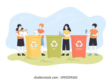 Kids recycling trash. Boy throwing paper in dustbin, child sorting garbage flat vector illustration. Zero waste, ecology, recycling concept for banner, website design or landing web page