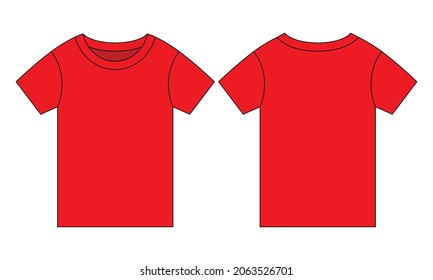 Kids Red Short Sleeve T-Shirt Template Vector on White Background.Front and Back View.