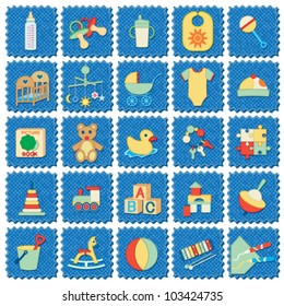Kids related icons on blue jeans textured background