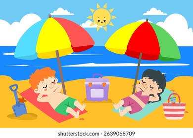 Kids relaxing under beach umbrellas vector illustration