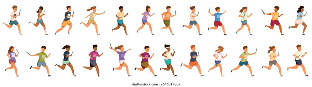  Kids relay races icons set. Athletes sprinting with relay batons, showcasing teamwork and speed in a track and field competition