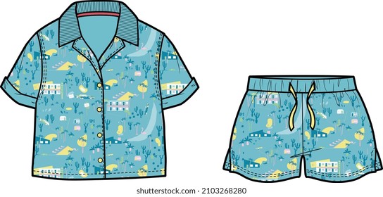 KIDS RESORT WEAR COORDINATE  SET TEE AND SHORT PAJAMA VECTOR ILLUSTRATION