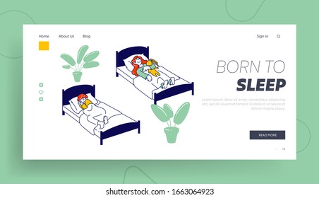 Kids Rest and Relaxing, Snooze in Bedchamber Website Landing Page. Afternoon Nap Time, Little Kids Sleeping in their Beds Kindergarten Web Page Banner. Cartoon Flat Vector Illustration, Line Art