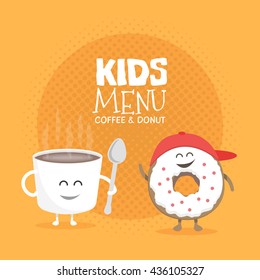 Kids restaurant menu cardboard character. Template for your projects, websites, invitations. Funny cute mug coffee and donut drawn with a smile, eyes and hands.