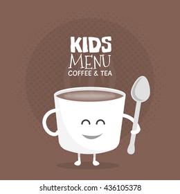 Kids restaurant menu cardboard character. Template for your projects, websites, invitations. Funny cute mug coffee drawn with a smile, eyes and hands.