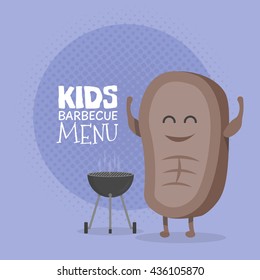 Kids restaurant menu cardboard character. Template for your projects, websites, invitations. Funny cute cartoon steak barbecue drawn with a smile, eyes and hands.