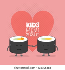 Kids restaurant menu cardboard character. Template for your projects, websites, invitations. Funny cute sushi roll friends love drawn with a smile, eyes and hands.