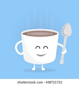 Kids restaurant menu cardboard character. Template for your projects, websites, invitations. Funny cute mug coffee drawn with a smile, eyes and hands.