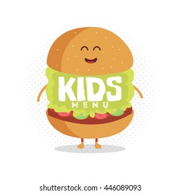 Kids restaurant menu cardboard character. Template for your projects, websites, invitations. Funny cute burger drawn with a smile, eyes and hands.