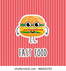 Kids restaurant menu cardboard character. Template for your projects, websites, invitations. Funny cute burger drawn with a smile, eyes and hands.