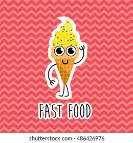 Kids restaurant menu cardboard character. Template for your projects, websites, invitations. Funny cute ice cream drawn with a smile, eyes and hands.