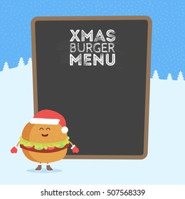Kids restaurant menu cardboard character. Christmas and New Year winter style. Funny cute burger drawn with a smile, eyes and hands. Dressed in Santa hat and warm gloves.