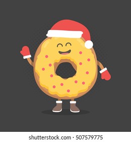 Kids restaurant menu cardboard character. Christmas and New Year winter style. Funny cute donut drawn with a smile, eyes and hands. Dressed in Santa hat and warm gloves.