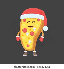Kids restaurant menu cardboard character. Christmas and New Year winter style. Funny cute drawn pizza, with a smile, eyes and hands. Dressed in Santa hat and warm gloves.