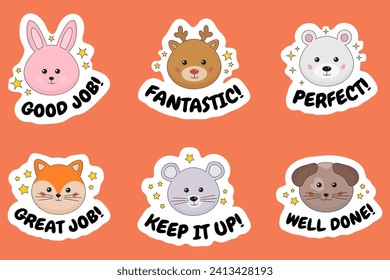 Kid's reward stickers collection with cute funny animals. Award, achievement, encouraging, labels for motivation of success. Useful for teacher, reward for children. Good job, great, amazing, perfect.